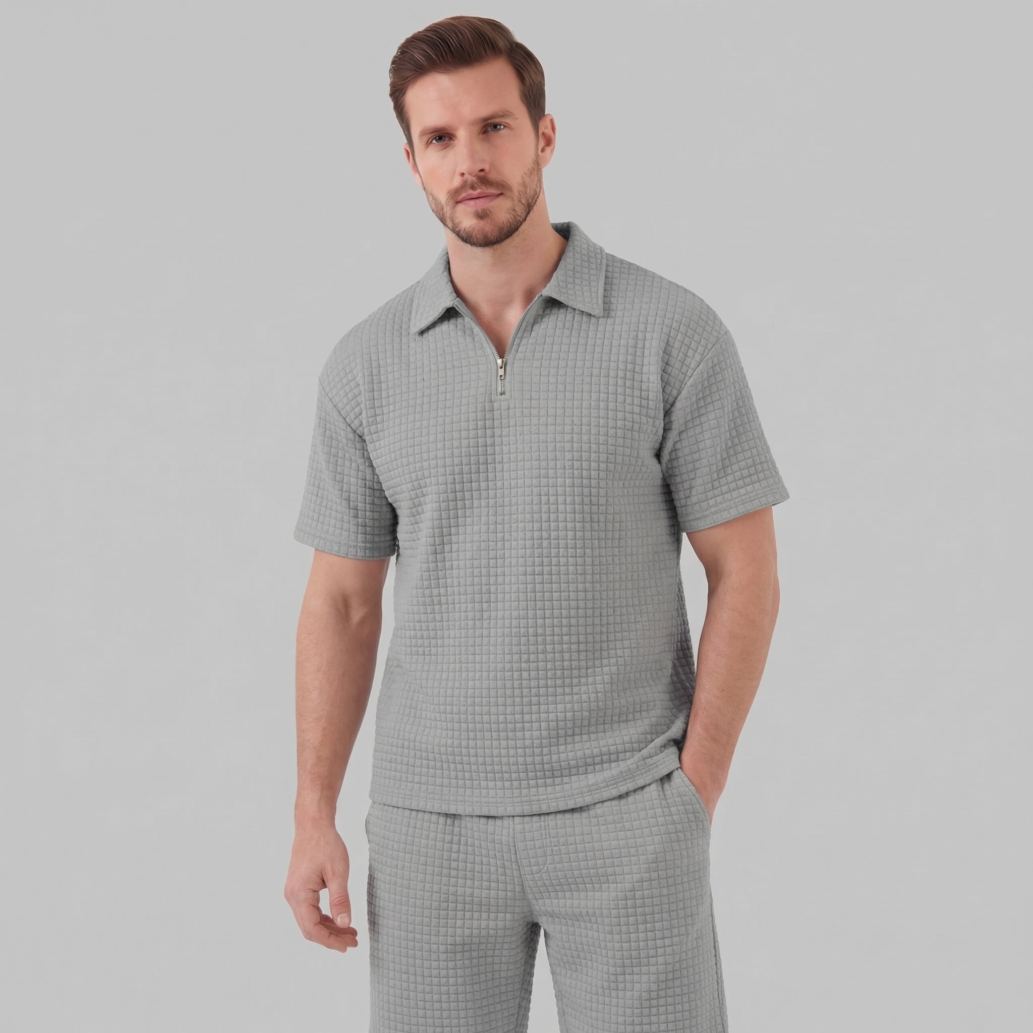Waffle strikket sæt til mænd sommer casual halv-zip polo