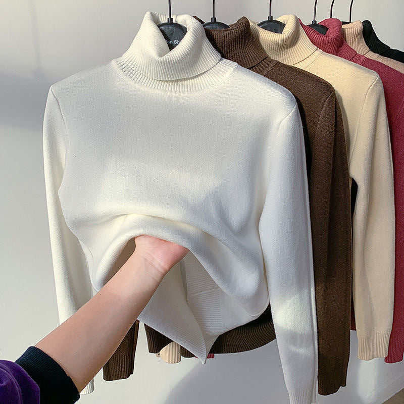 Jersey de punto fino para mujer con cuello alto y ribetes elásticos