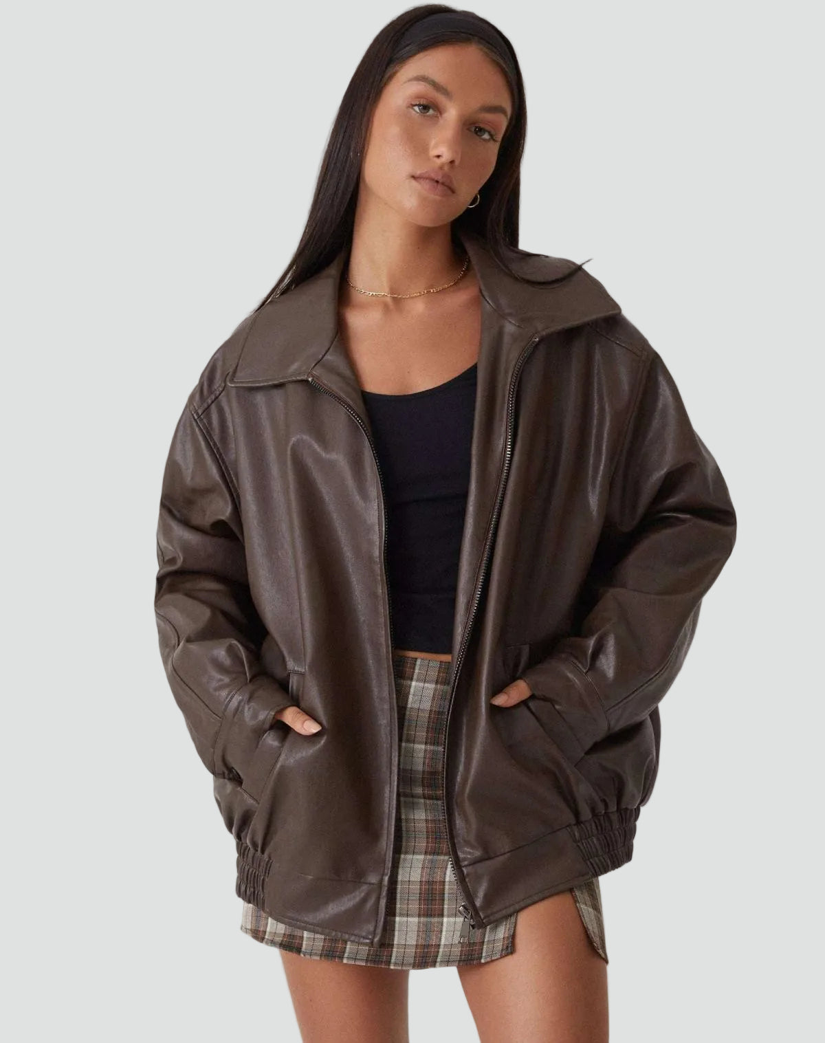 Blouson bomber de luxe pour femme en cuir avec coupe oversize