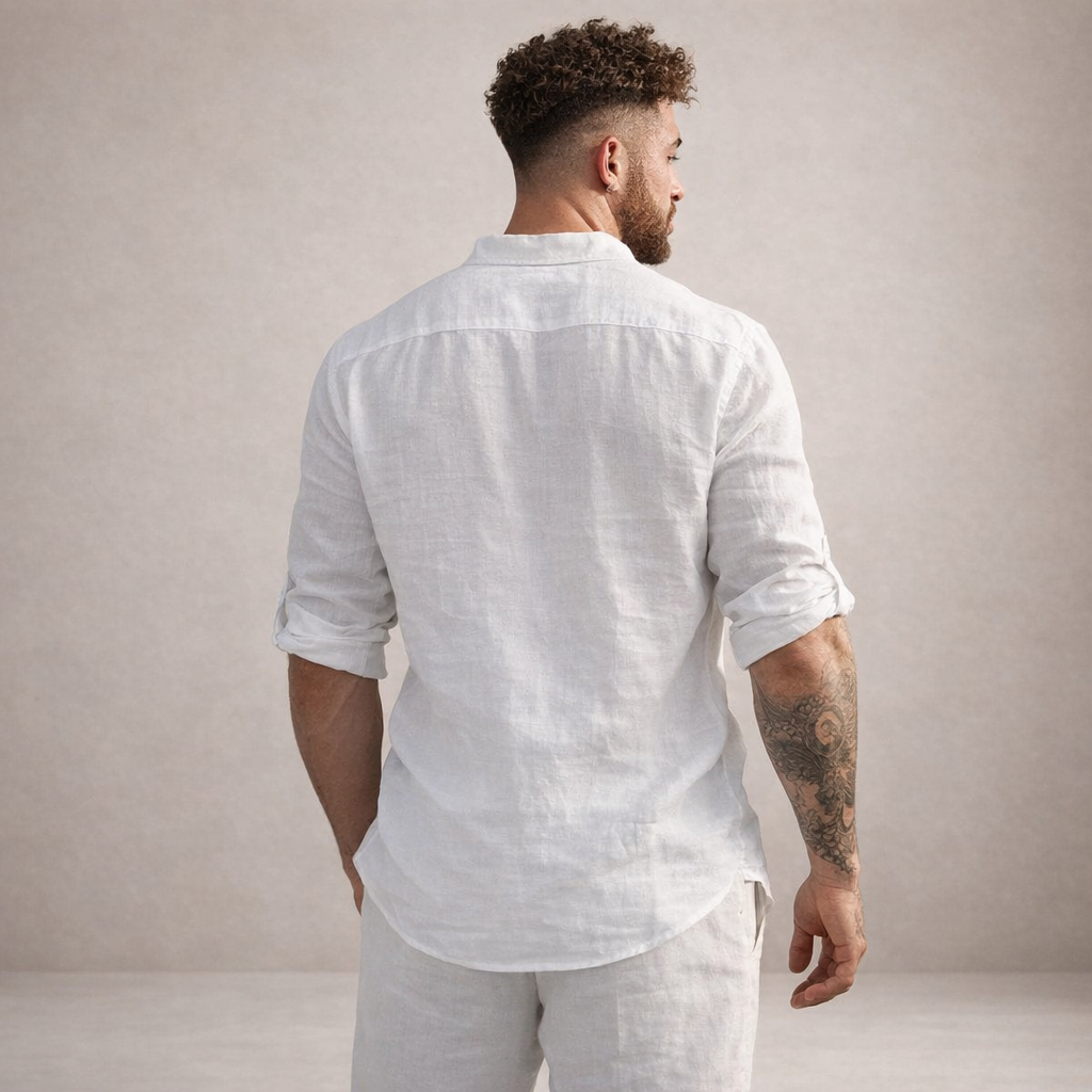 Chemise en lin homme coupe régulière respirante col montant manches longues
