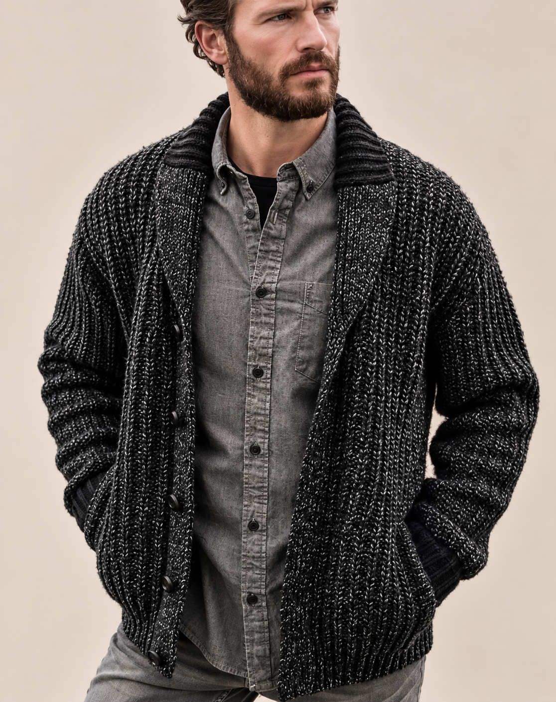 Cardigan da uomo robusto in maglia con collo a scialle e bottoni