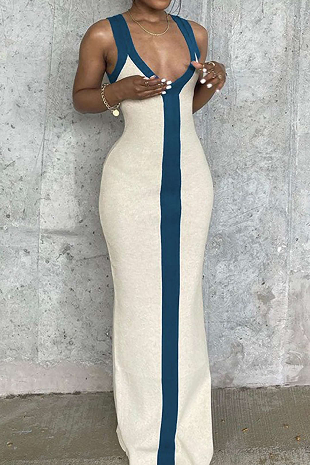 Vestido maxi de bloques de color para mujer con escote en V y abertura
