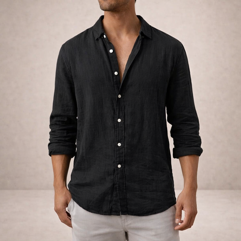 Camisa de lino para hombre corte regular tela fresca cuello abierto manga larga