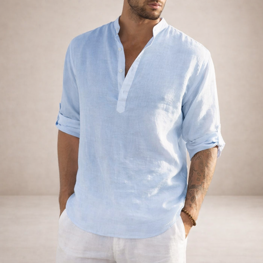 Chemise en lin homme coupe régulière respirante col montant manches longues