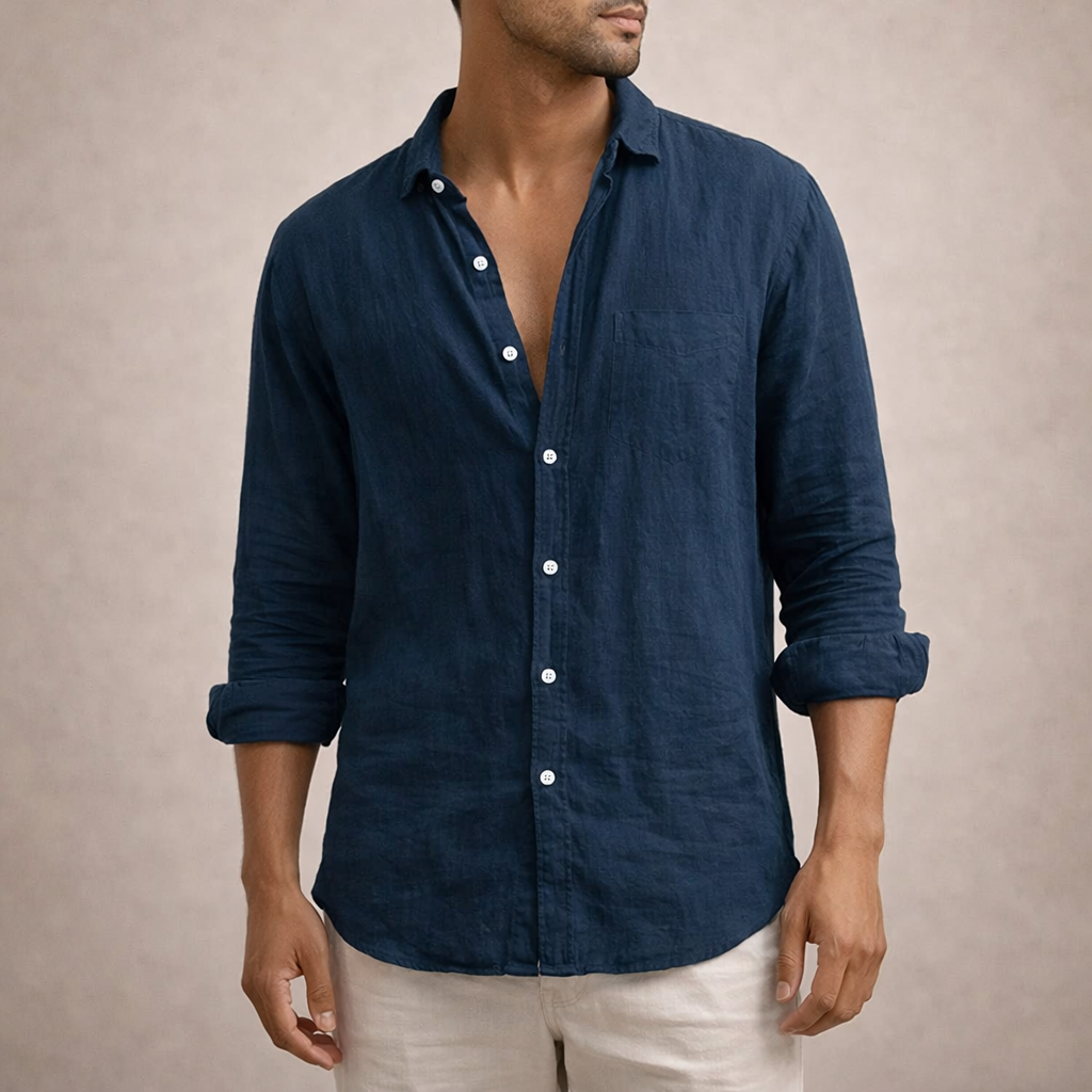 Camisa de lino para hombre corte regular tela fresca cuello abierto manga larga