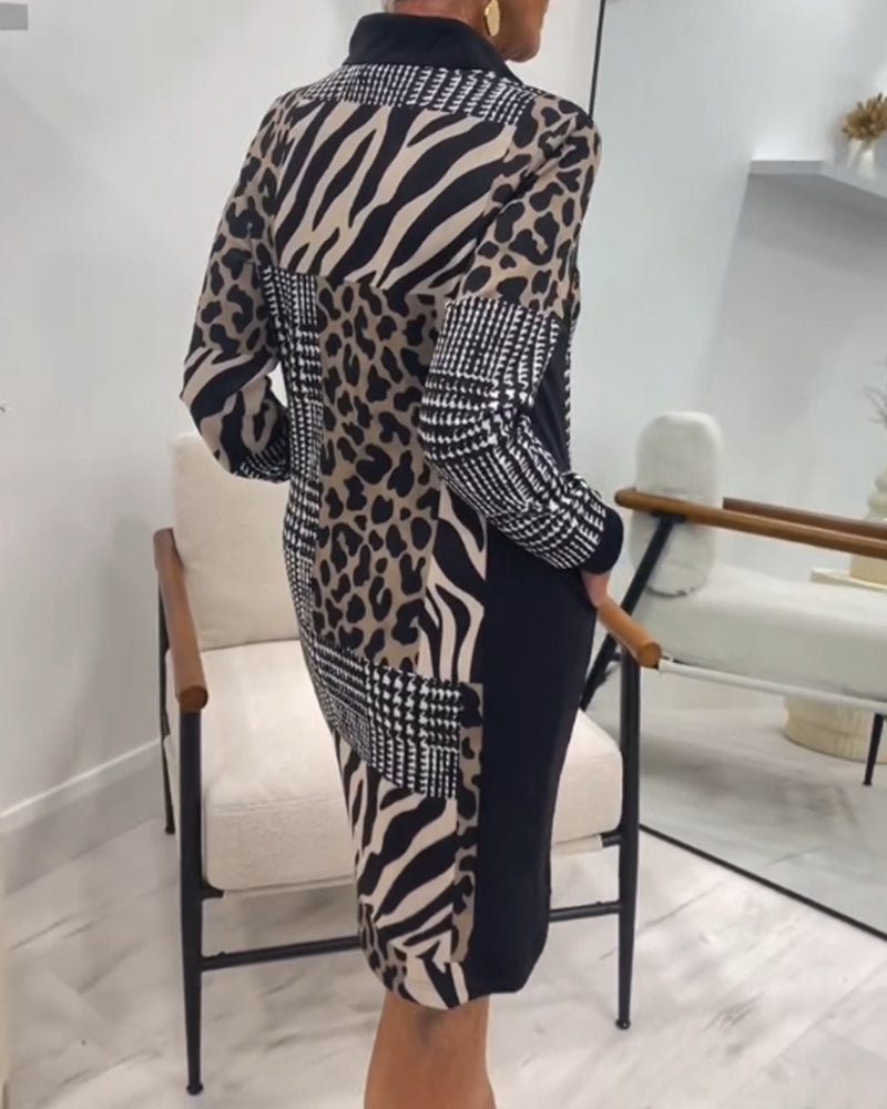 Stilvolles Damen-Party-Midi-Kleid mit Patchwork-Print und langen Ärmeln