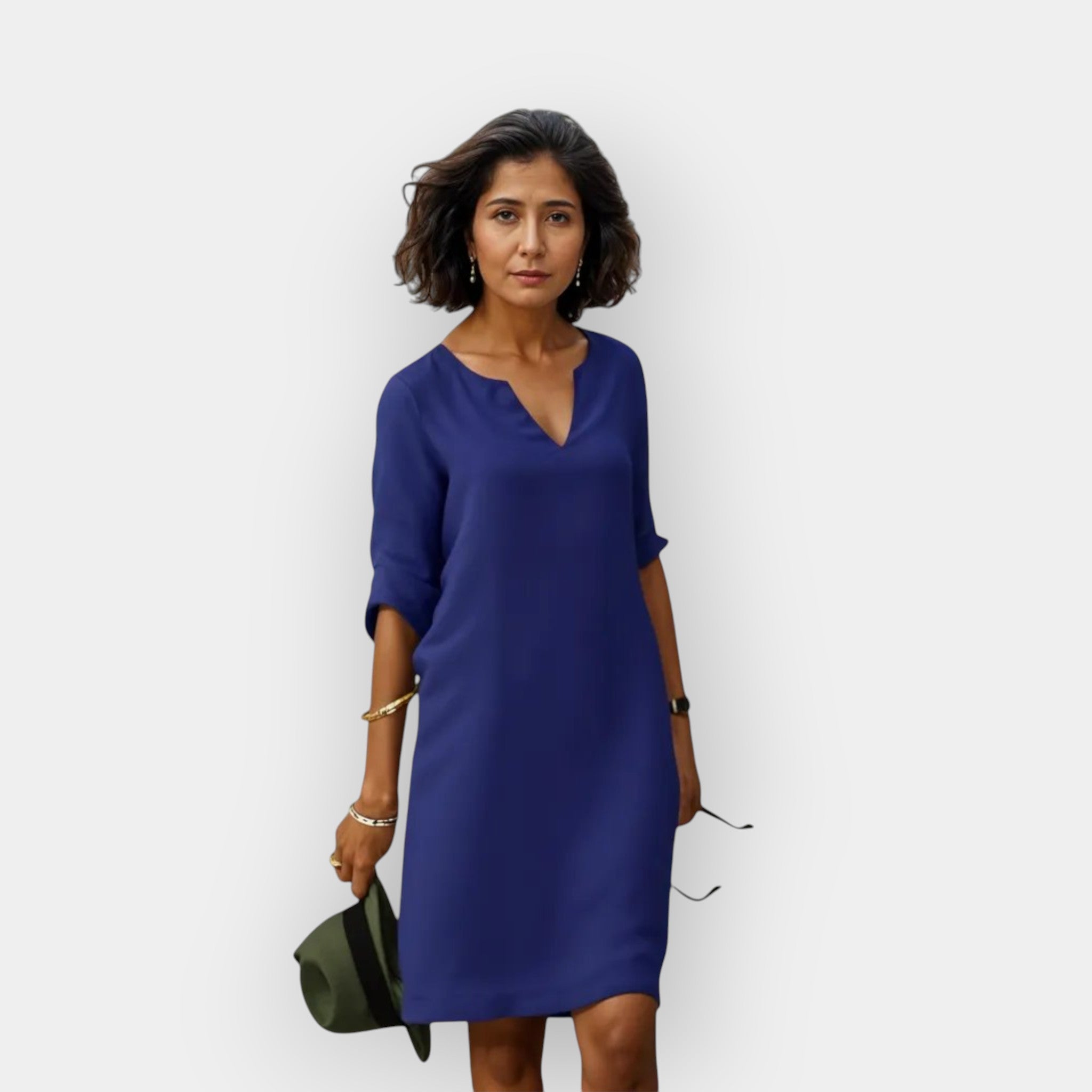 Luftig elegant midi kjole dame med V-hals og 3/4 ærmer