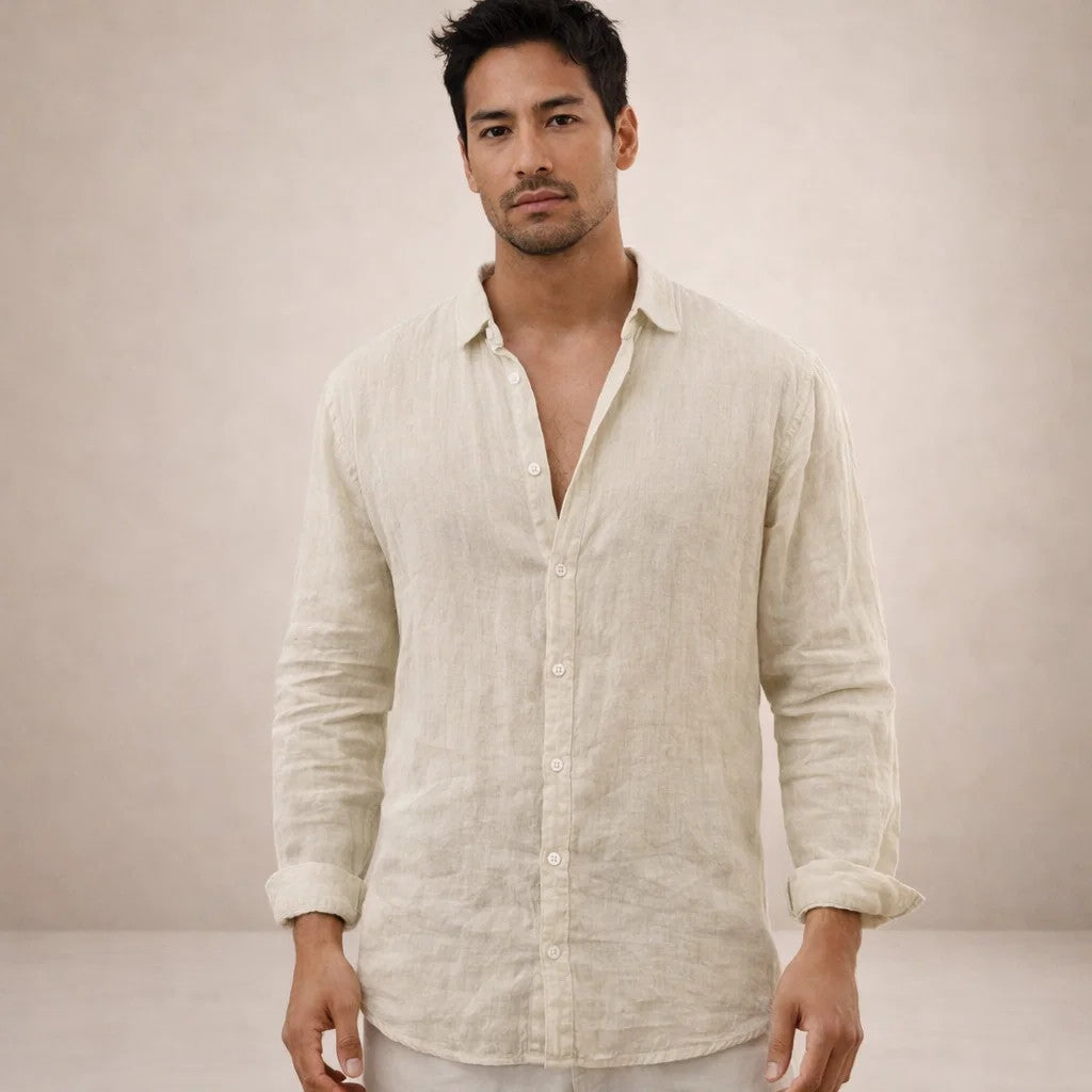 Camisa de lino para hombre corte regular tela fresca cuello abierto manga larga