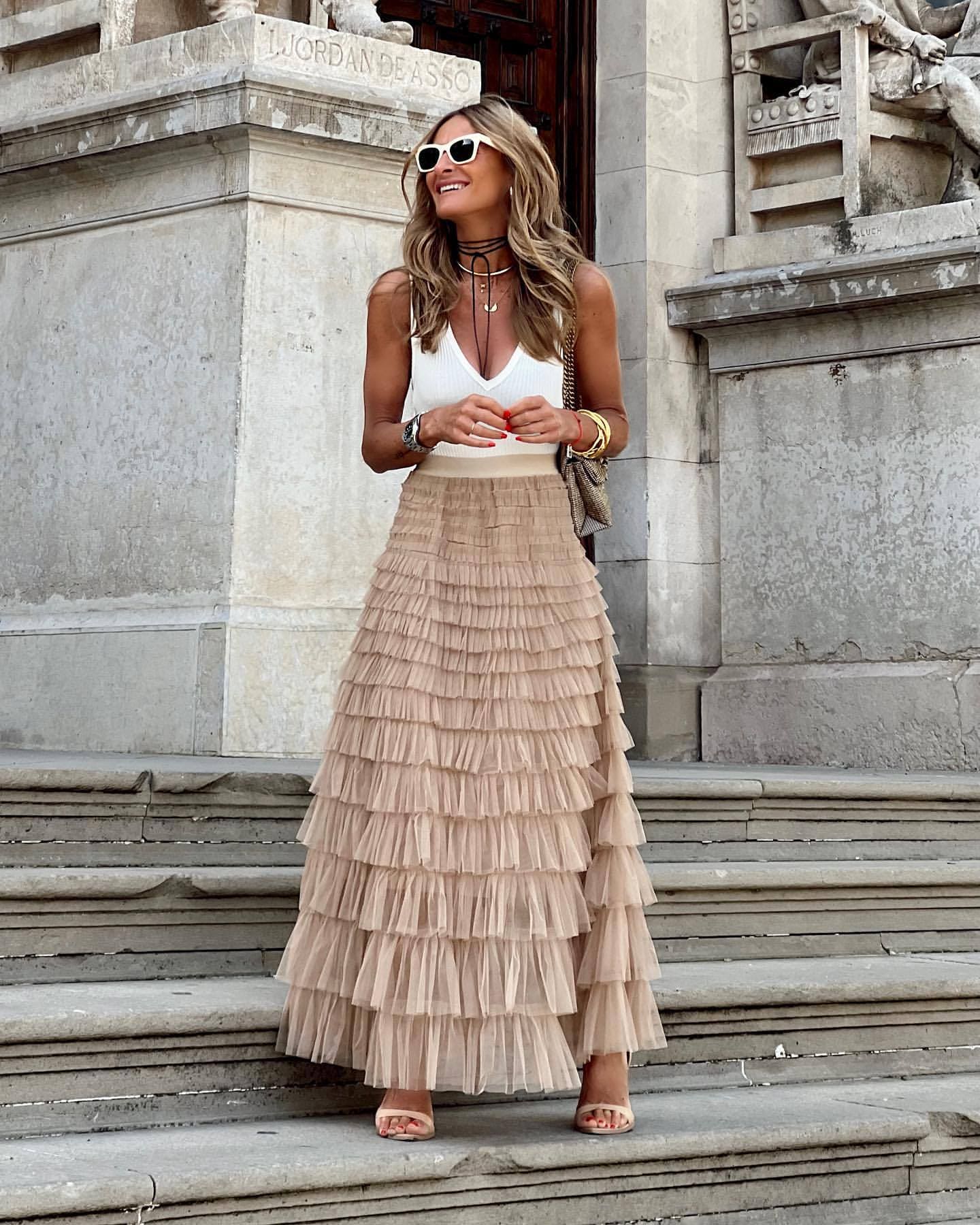 Falda Maxi de Tul Aireada para Mujer con Corte en A