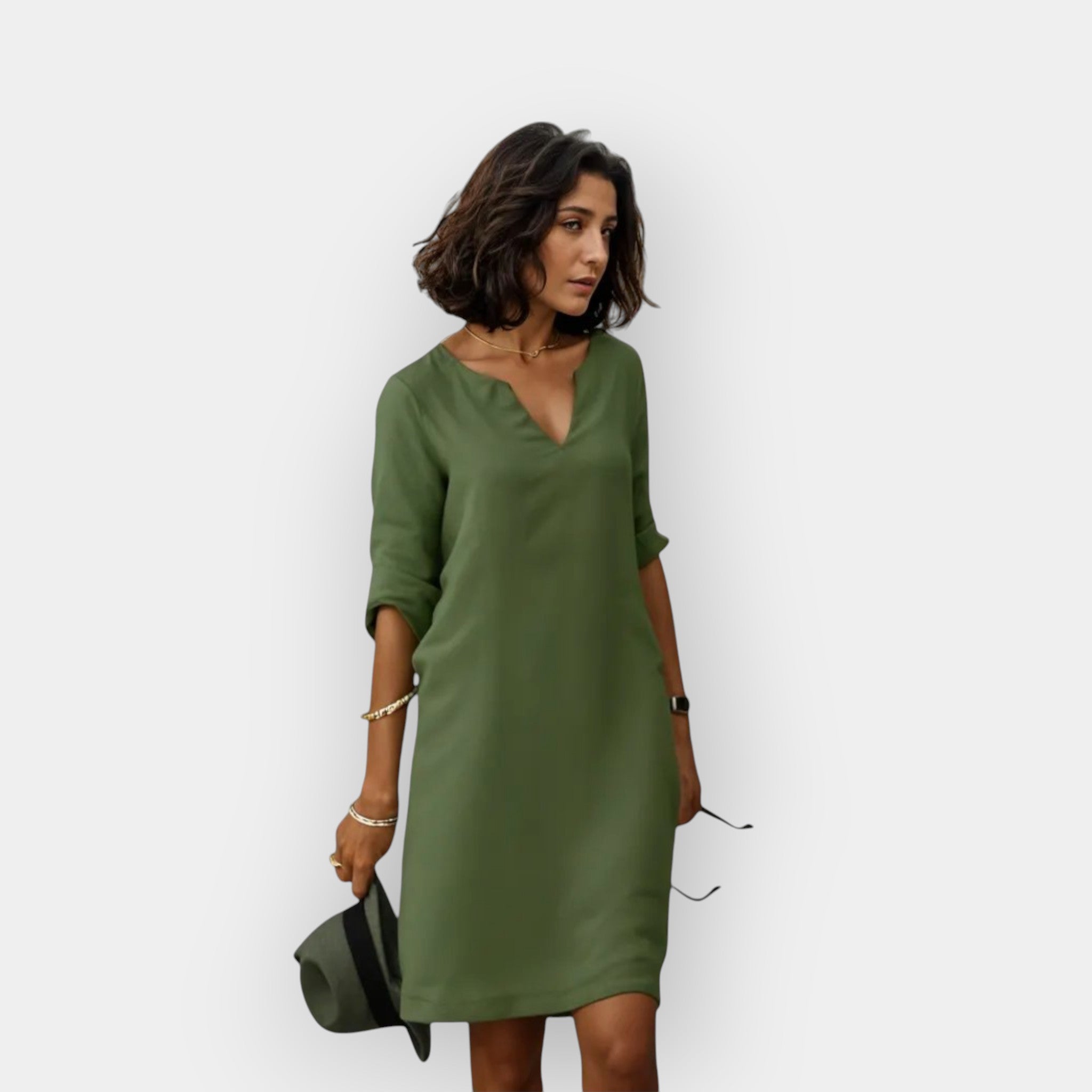 Luftig elegant midi kjole dame med V-hals og 3/4 ærmer