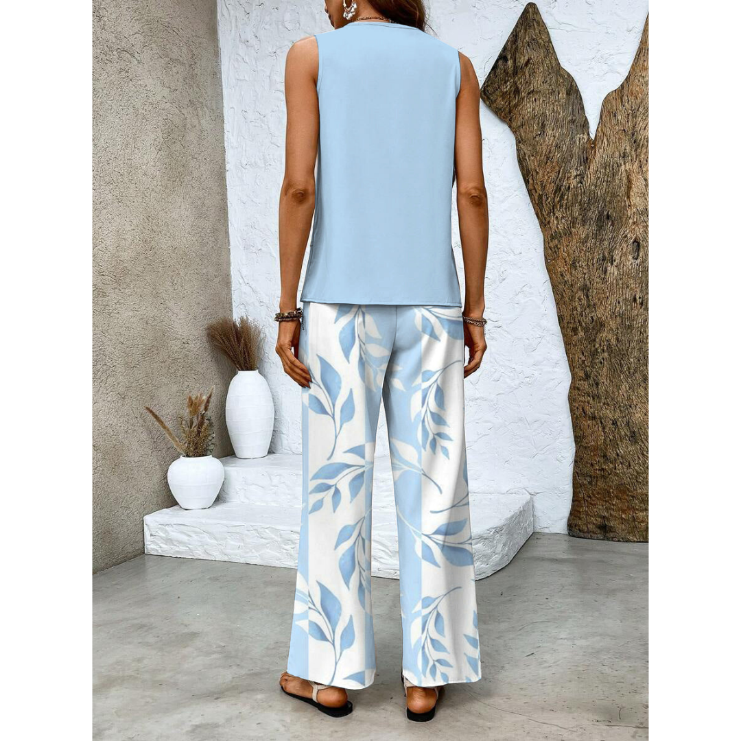 Conjunto coordinado para mujer con top en capas y pantalón ancho