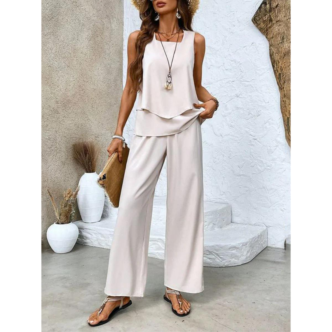 Conjunto coordinado para mujer con top en capas y pantalón ancho