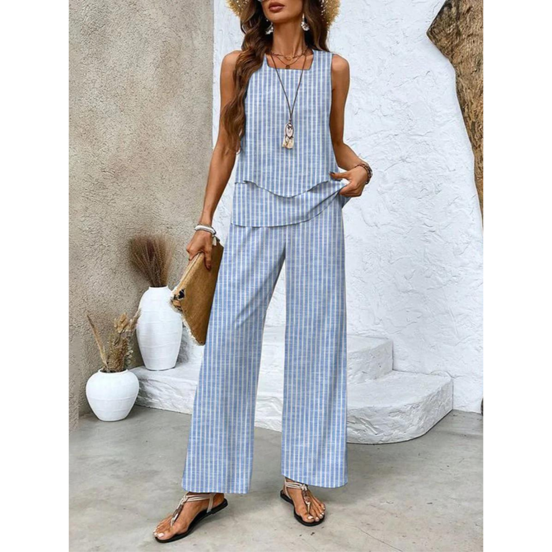 Conjunto coordinado para mujer con top en capas y pantalón ancho