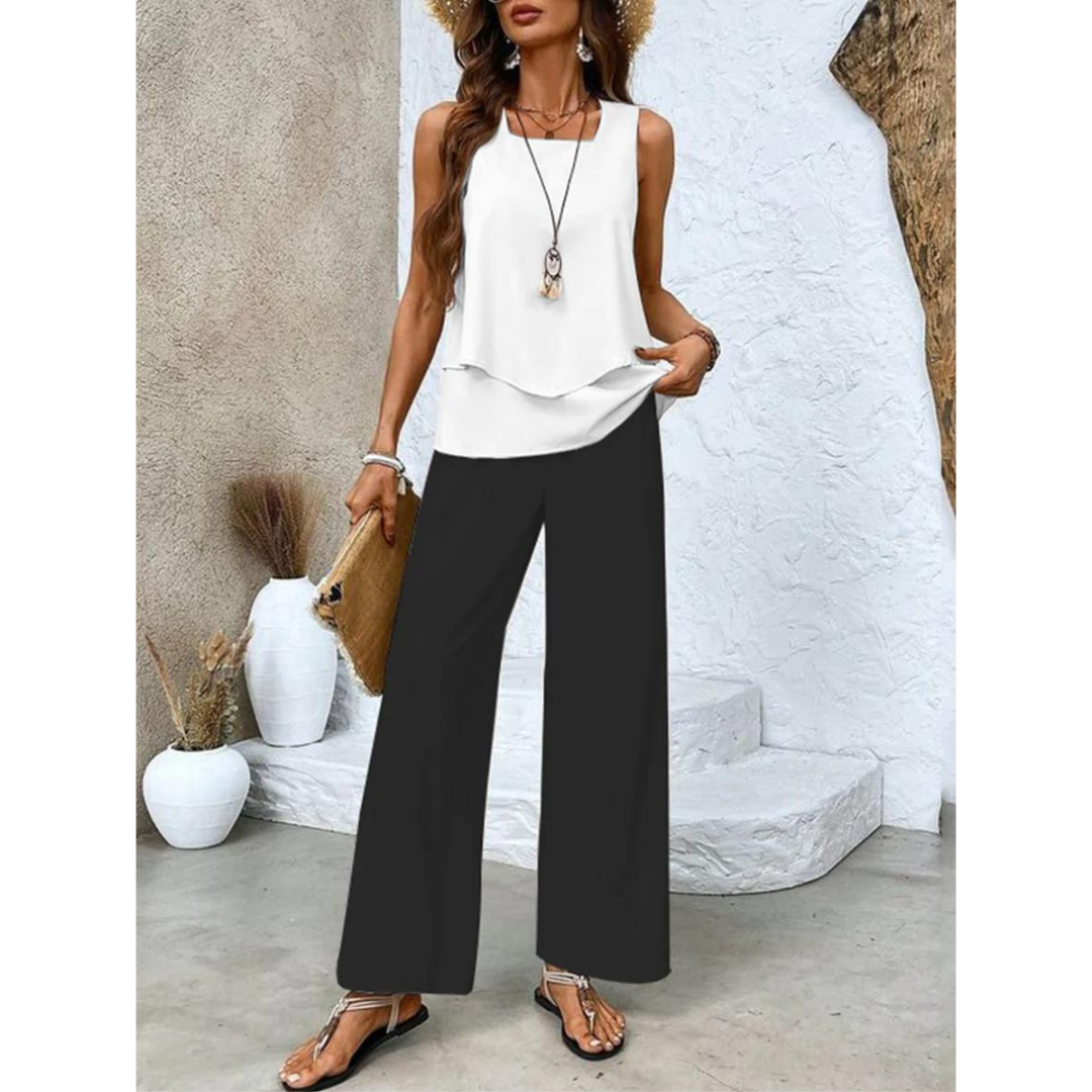 Conjunto coordinado para mujer con top en capas y pantalón ancho