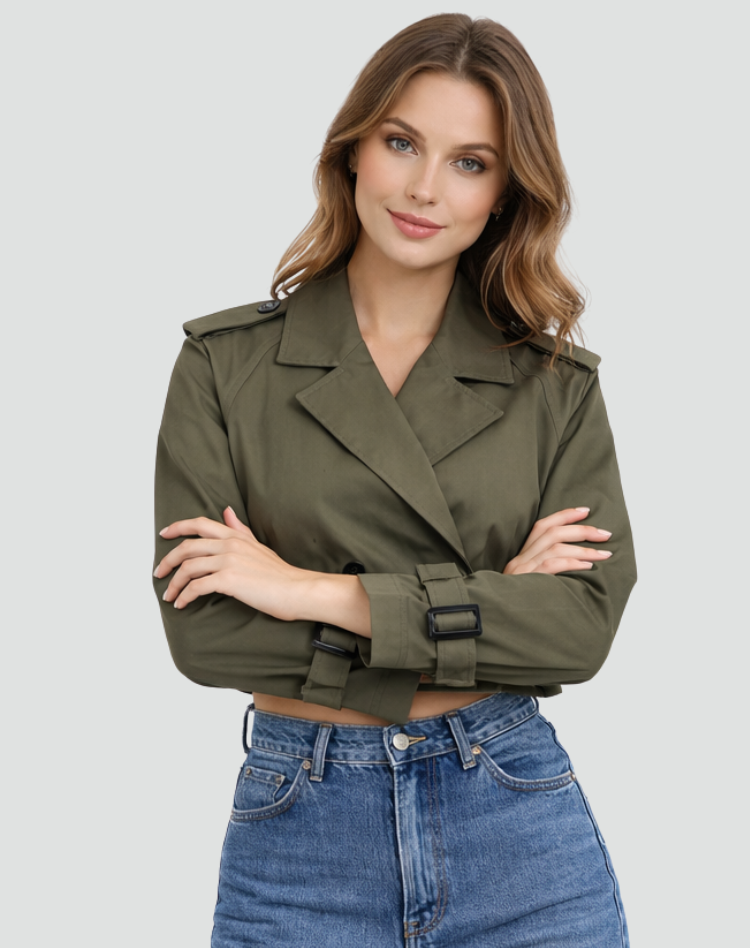 Trench coat para senhora, corte regular, algodão, corte curto