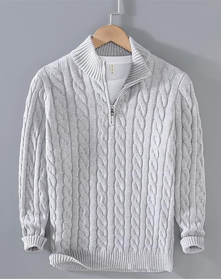 Kabelgebreide Half-Zip Trui Heren Hoge Kraag