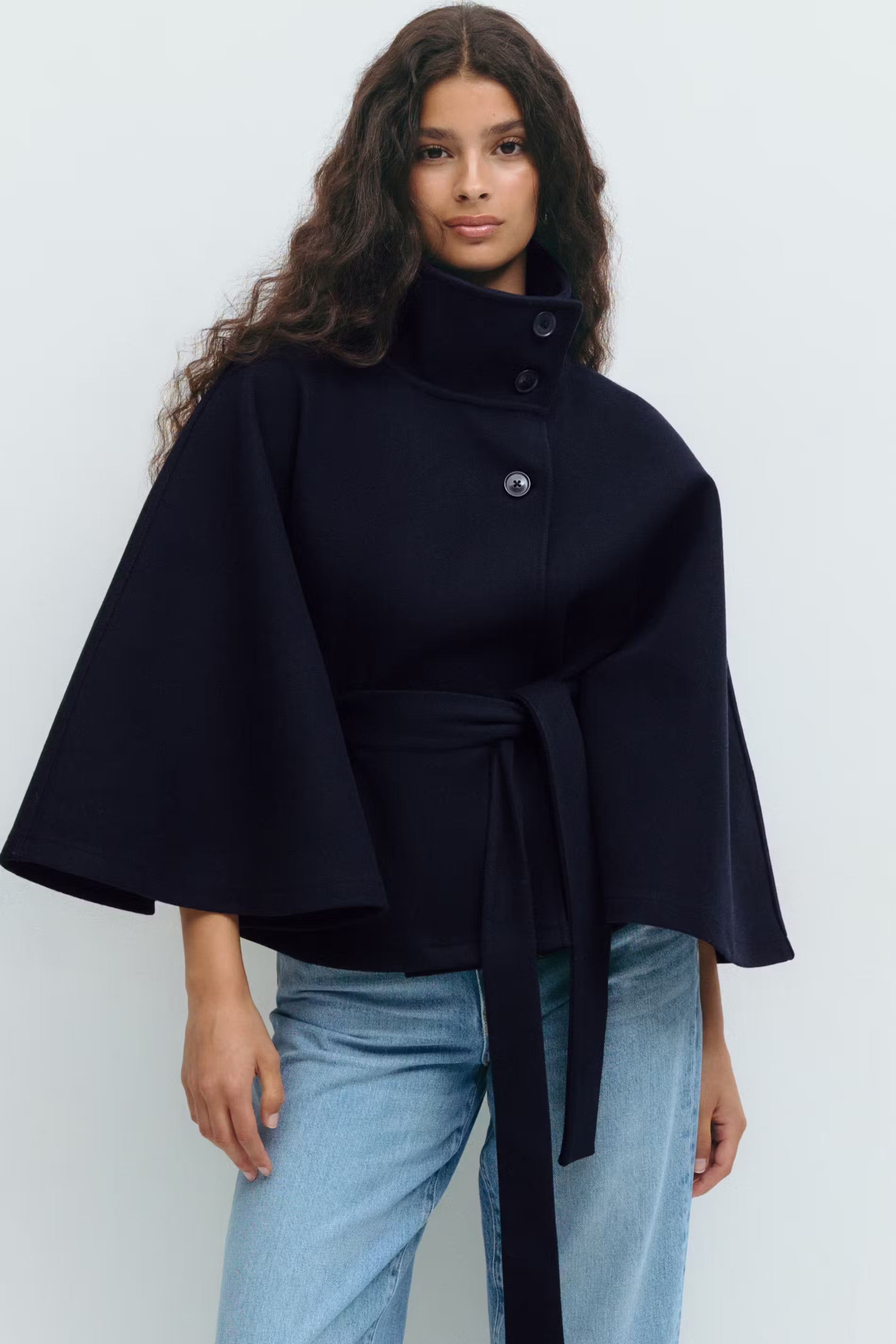 Capa abrigo para mujer corte regular cuello alto cinturón con lazo invierno