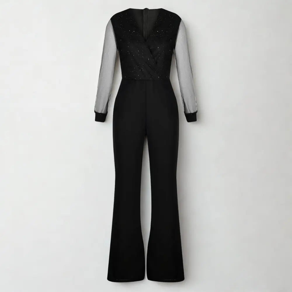 Fest jumpsuit med glitrende mesh ærmer og vide ben til damer