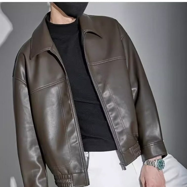 Pánská kožená bunda slim fit se zipem a rovný límec