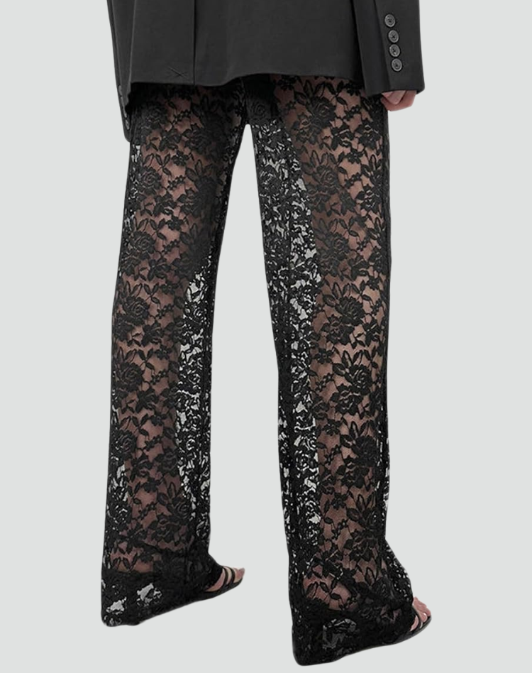 Rozšírené nohavice dámske čipkovaný kvetinový vzor elastický pás