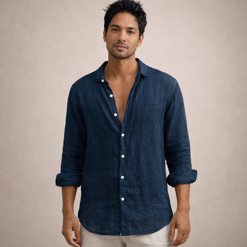 Camisa de lino para hombre corte regular tela fresca cuello abierto manga larga
