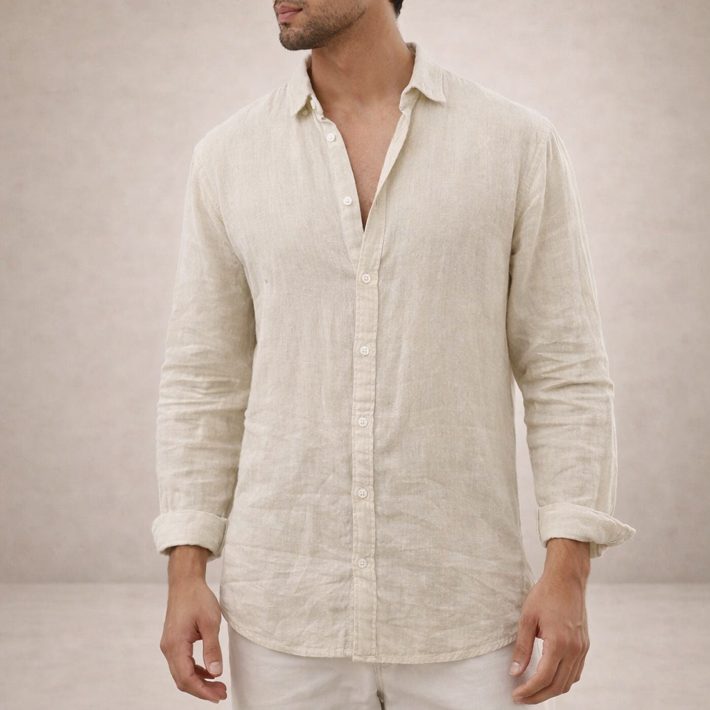 Camisa de lino para hombre corte regular tela fresca cuello abierto manga larga