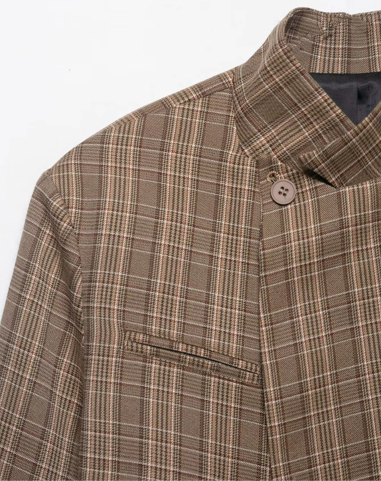 Women's Oversized Checkered Blazer with Stand-Up Collar Casual