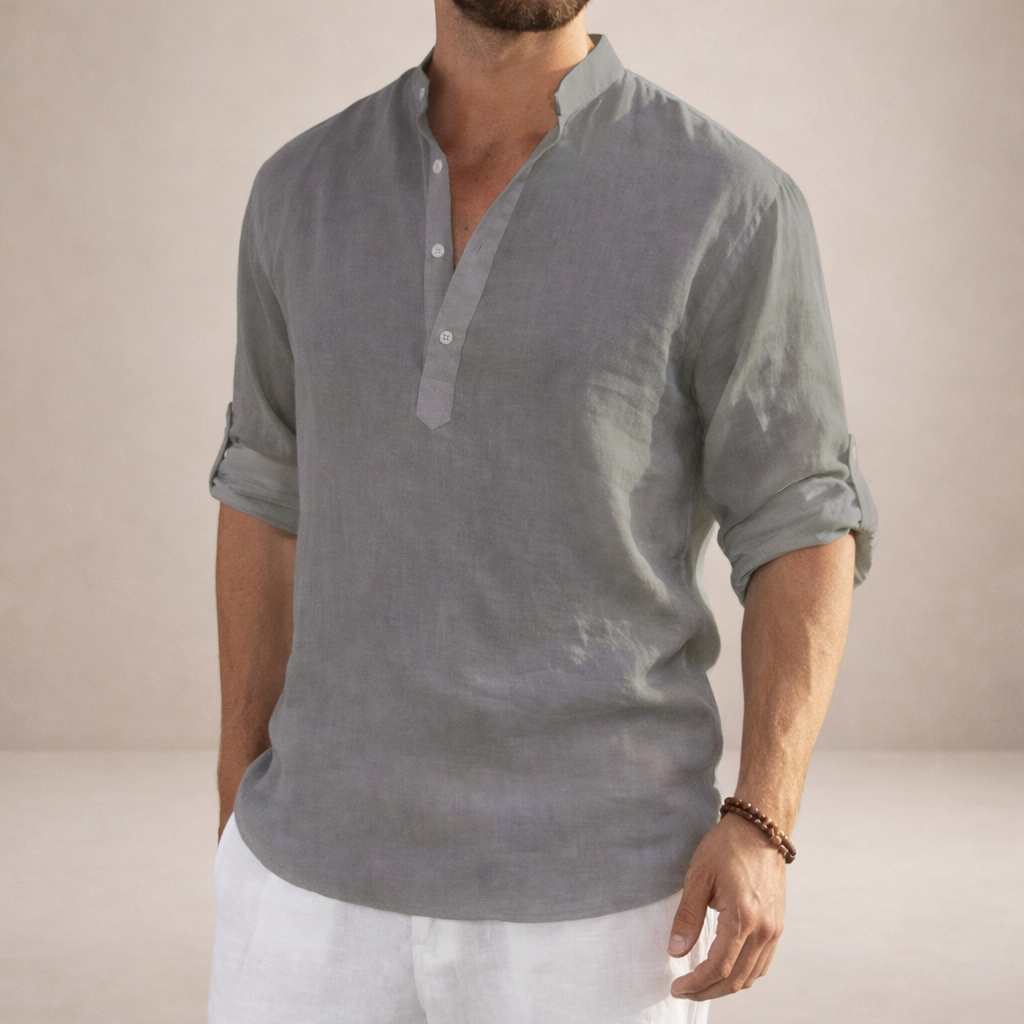 Chemise en lin homme coupe régulière respirante col montant manches longues