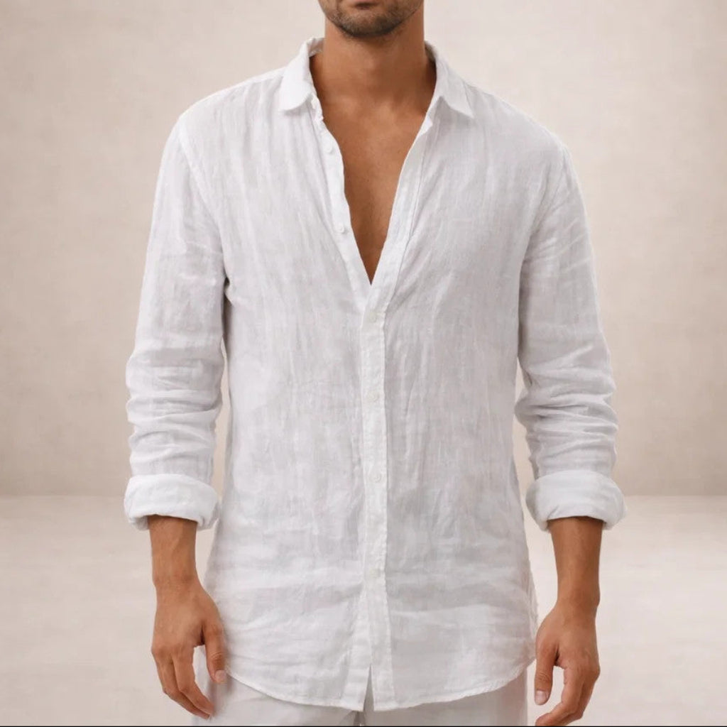 Camisa de lino para hombre corte regular tela fresca cuello abierto manga larga