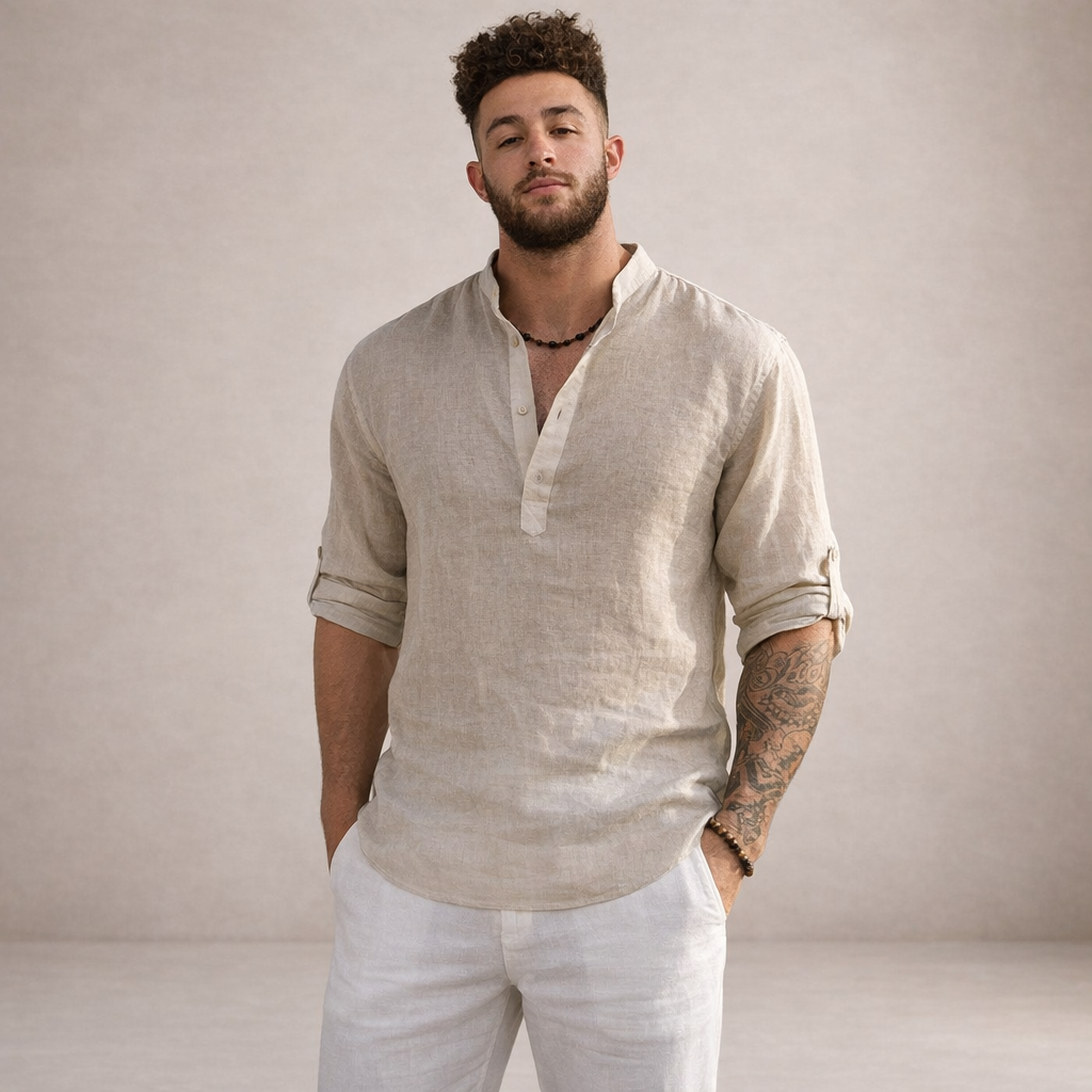 Chemise en lin homme coupe régulière respirante col montant manches longues