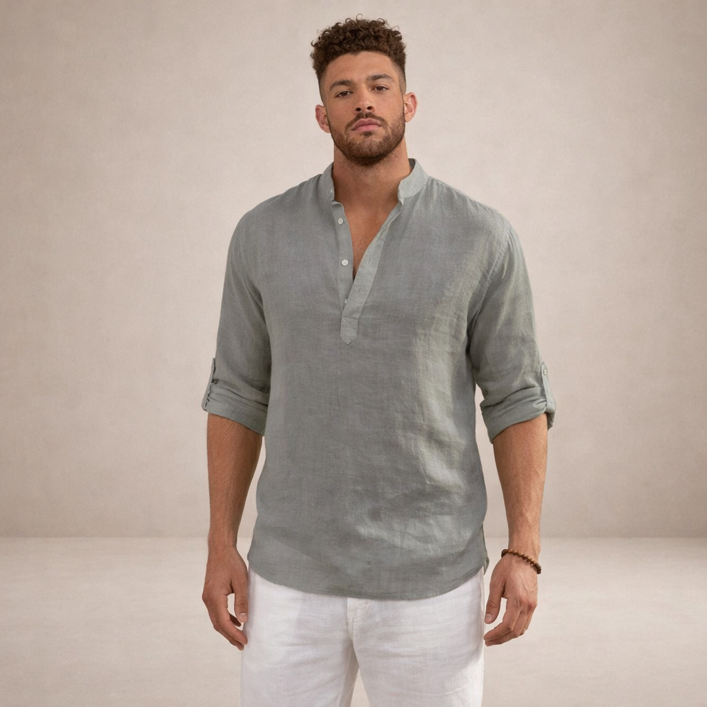 Chemise en lin homme coupe régulière respirante col montant manches longues