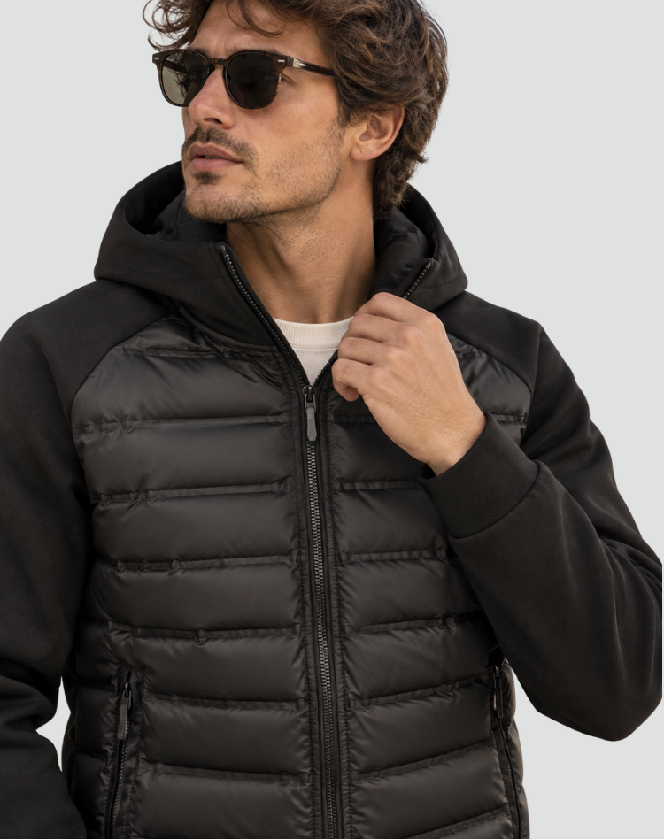 Veste d’hiver hybride matelassée pour homme avec capuche