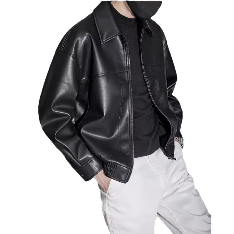 Pánská kožená bunda slim fit se zipem a rovný límec