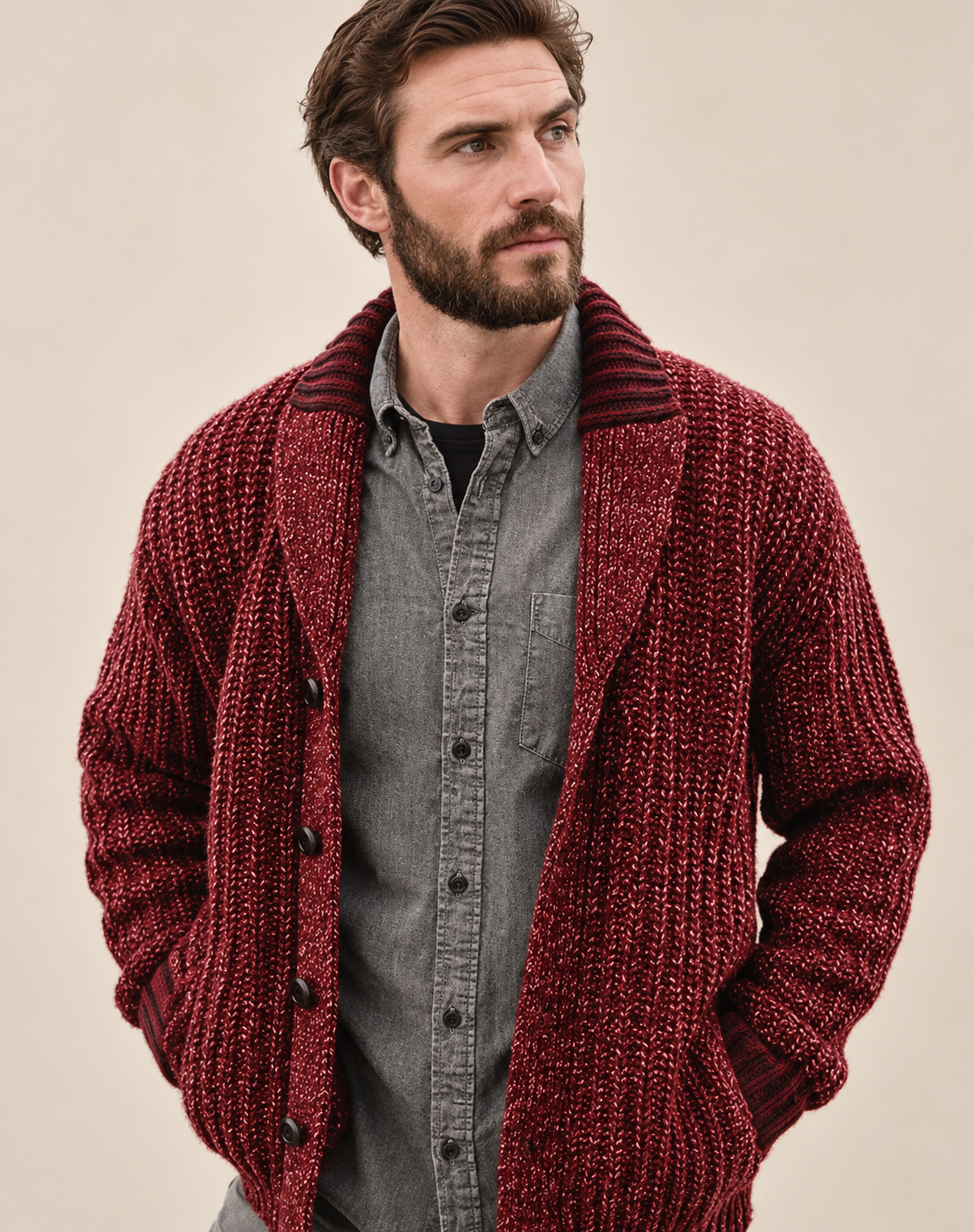 Cardigan da uomo robusto in maglia con collo a scialle e bottoni