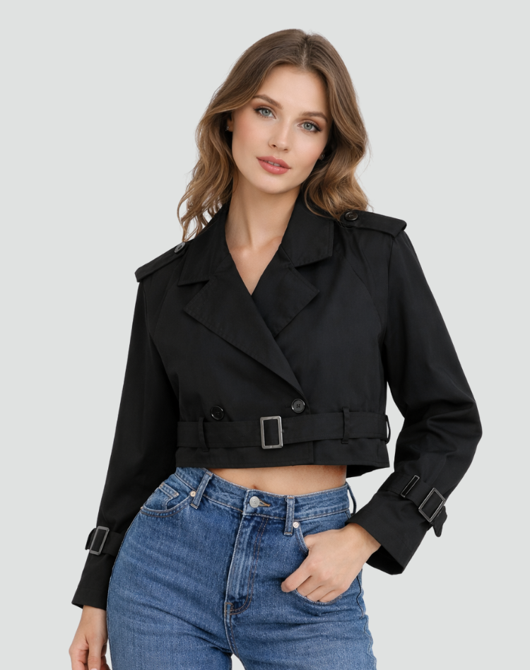 Trench coat para senhora, corte regular, algodão, corte curto