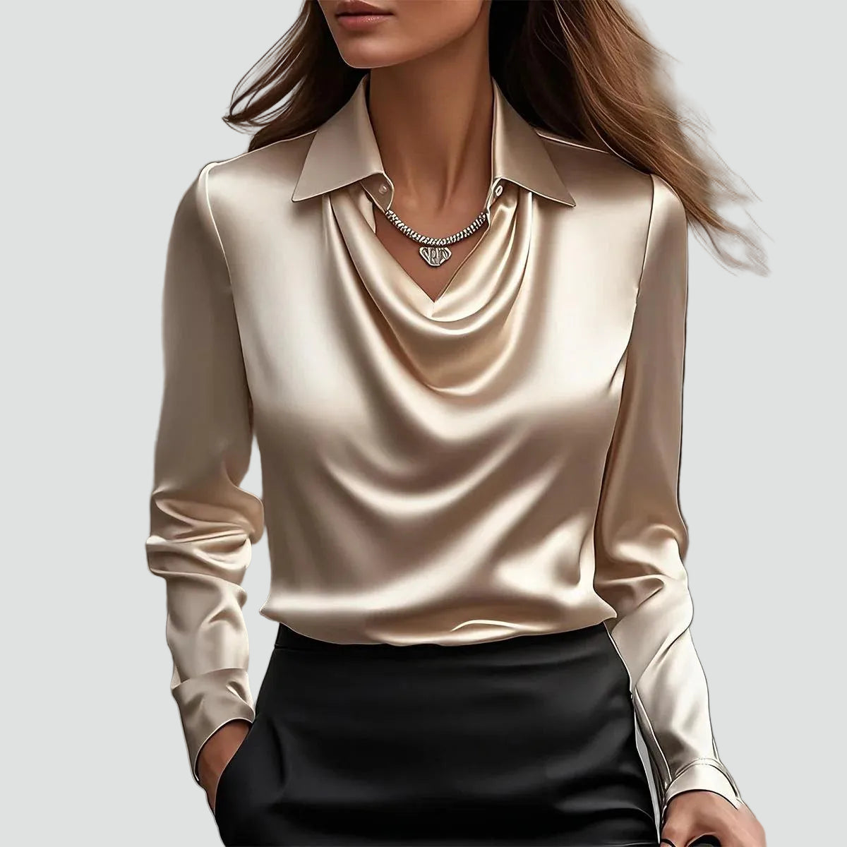 Vrouwen Satijnen Blouse Met Watervalhals En Kraag