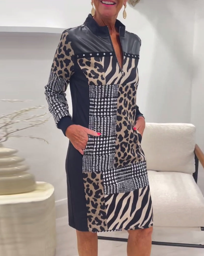 Stilvolles Damen-Party-Midi-Kleid mit Patchwork-Print und langen Ärmeln