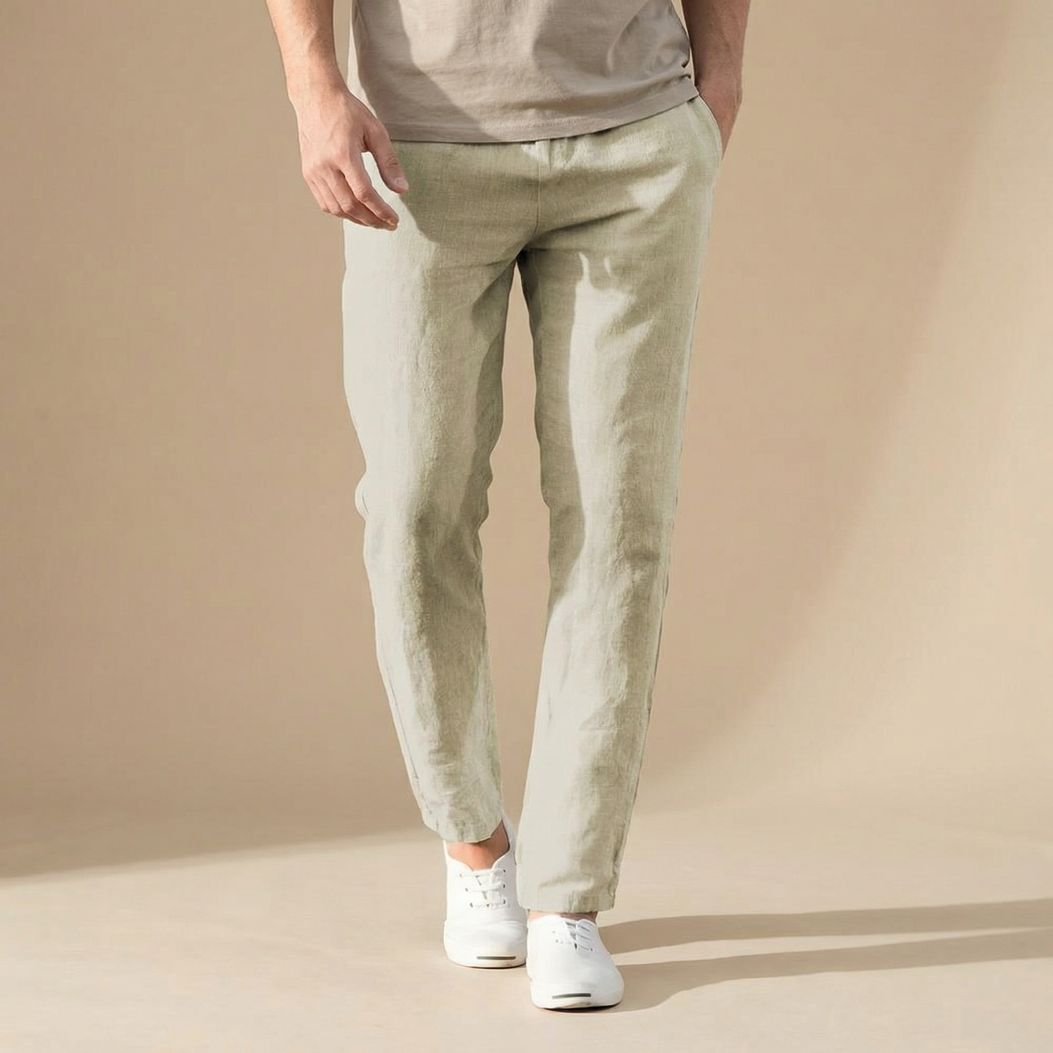 Pánské lněné letní kalhoty Regular Fit Prodyšný materiál Elastický pas