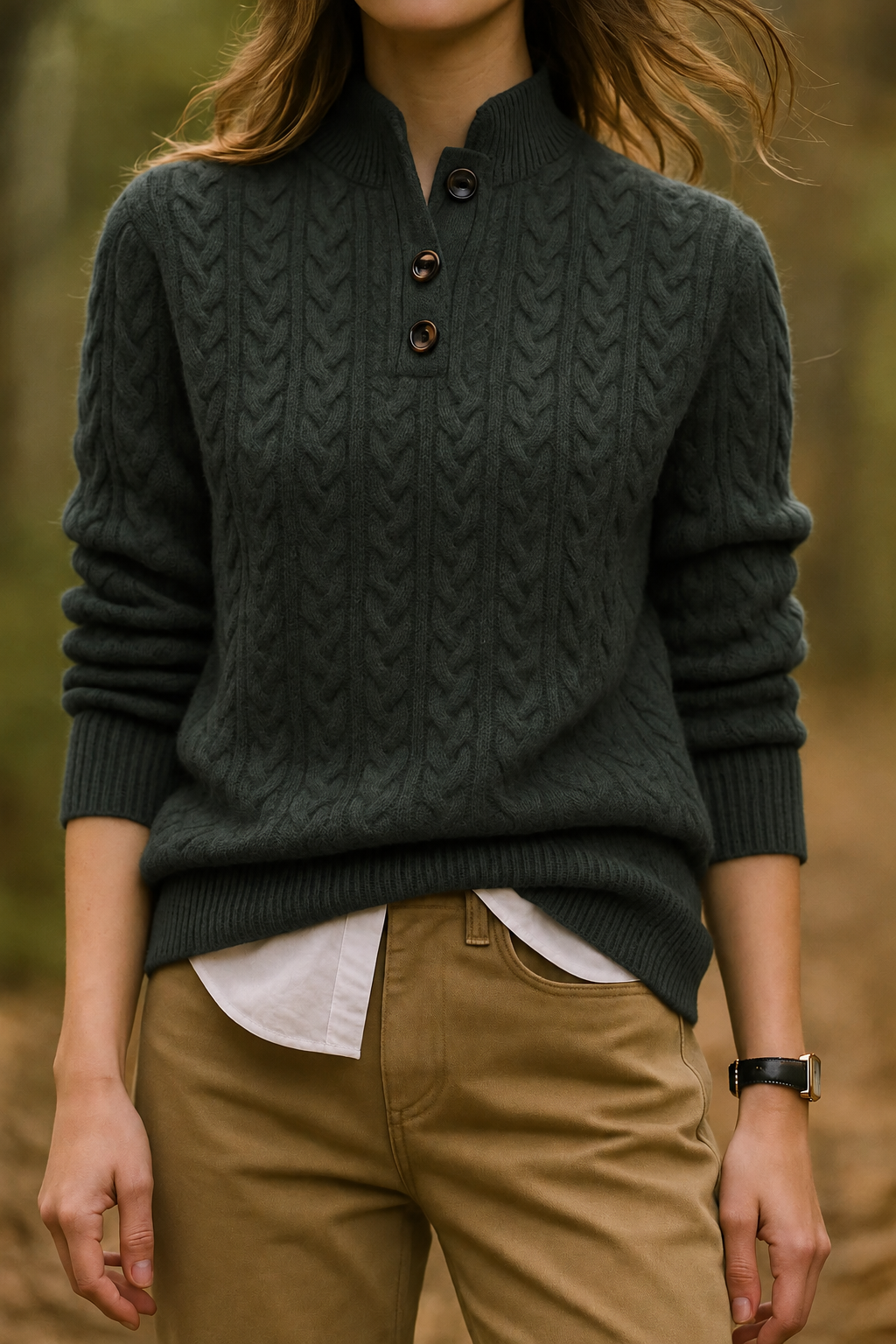 Kabelstrickpullover für Damen mit Knopfverschluss am Hals und normaler Passform