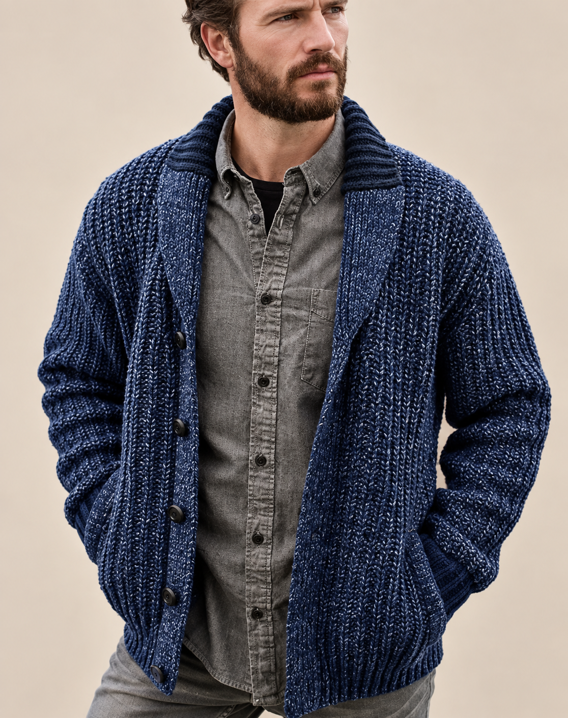 Cardigan da uomo robusto in maglia con collo a scialle e bottoni