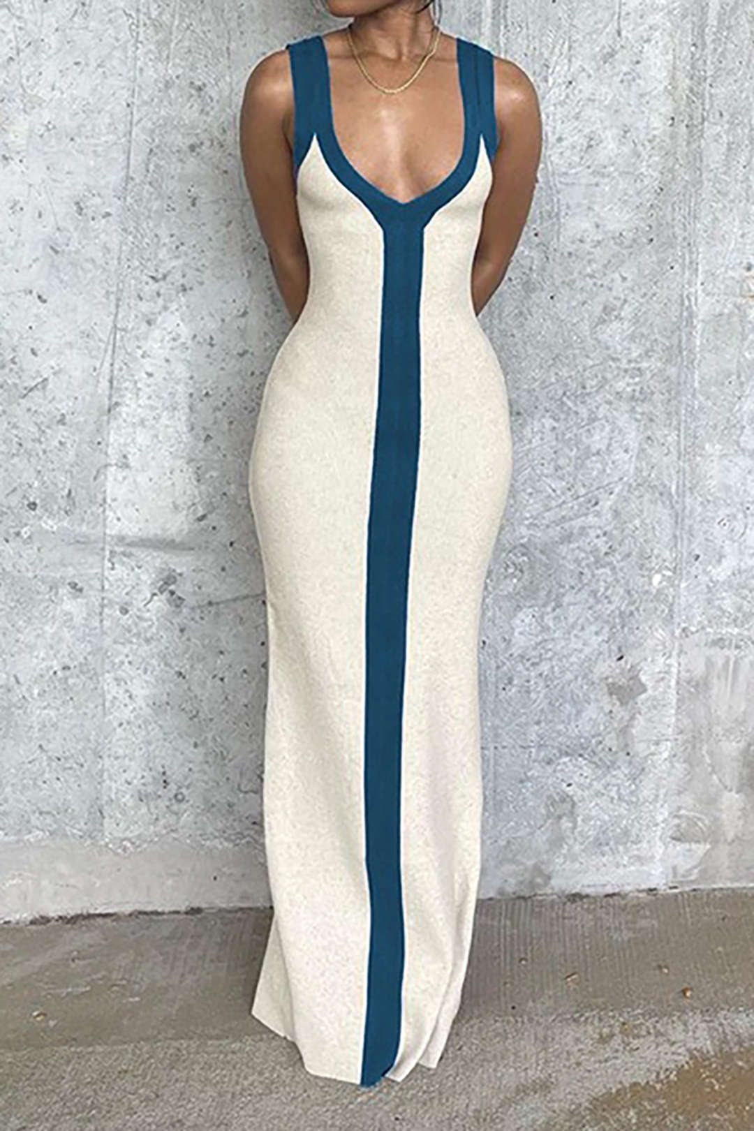 Vestido maxi de bloques de color para mujer con escote en V y abertura
