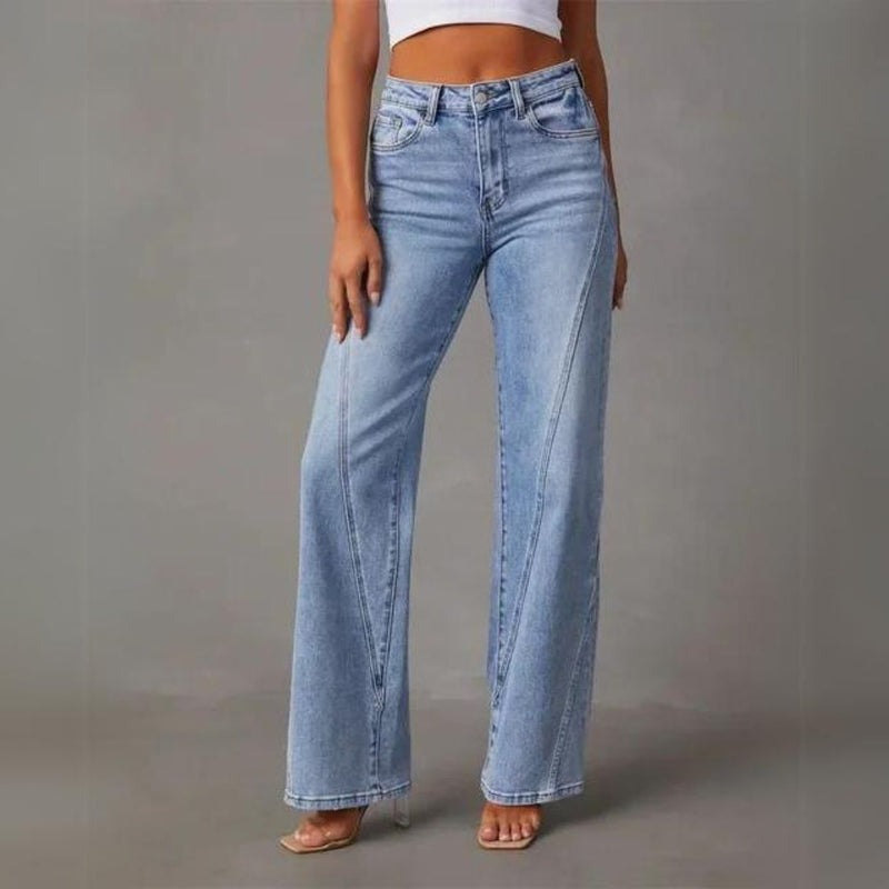 Jeans de pernas largas para senhora com cintura alta e corte ajustado