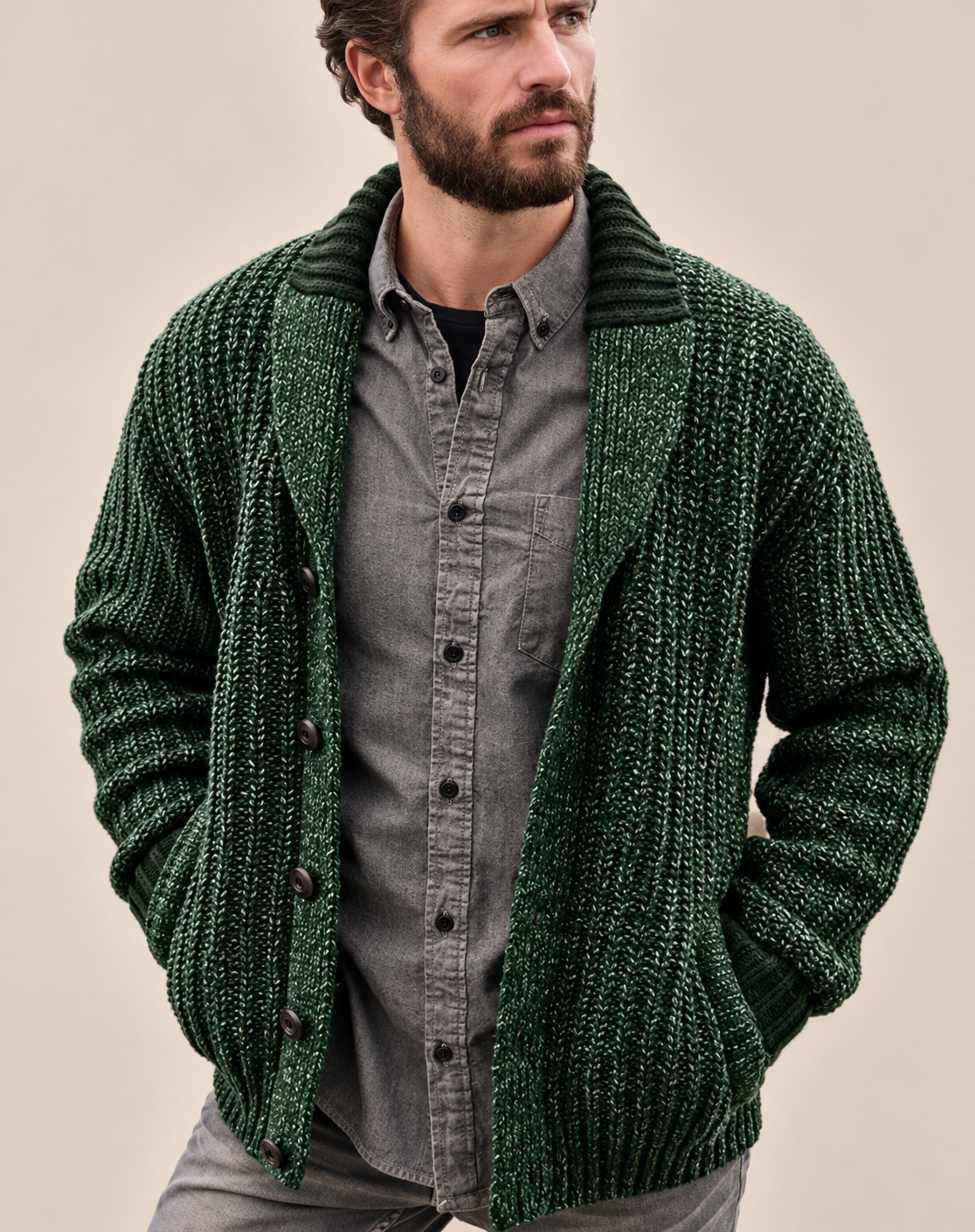 Cardigan da uomo robusto in maglia con collo a scialle e bottoni