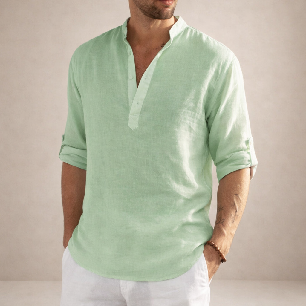 Chemise en lin homme coupe régulière respirante col montant manches longues