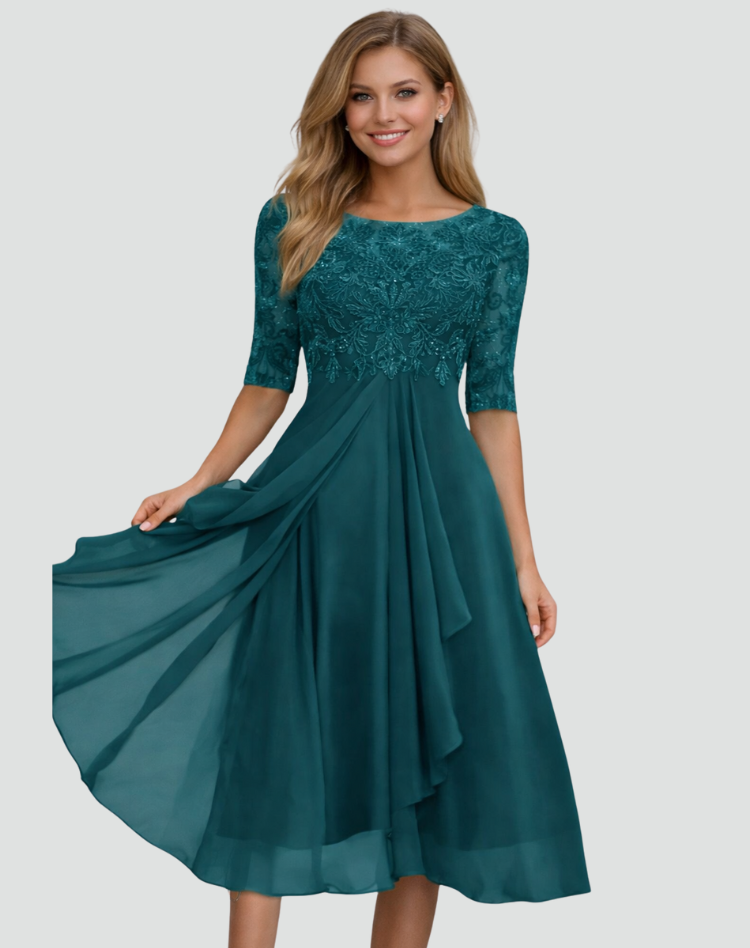 Vestido midi de fiesta para mujer corte regular encaje manga tres cuartos