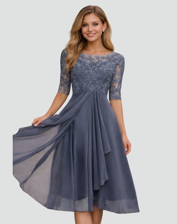 Vestido midi de fiesta para mujer corte regular encaje manga tres cuartos