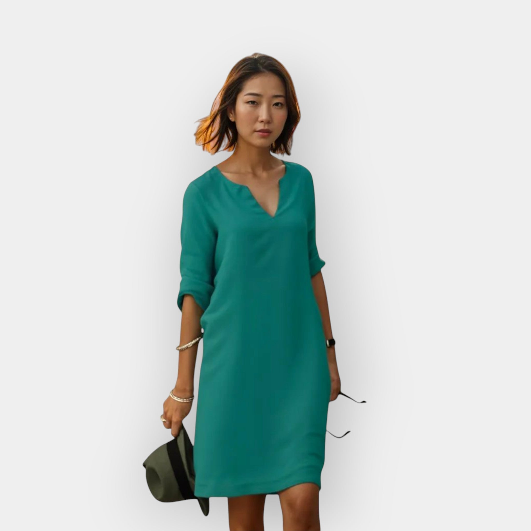 Luftig elegant midi kjole dame med V-hals og 3/4 ærmer