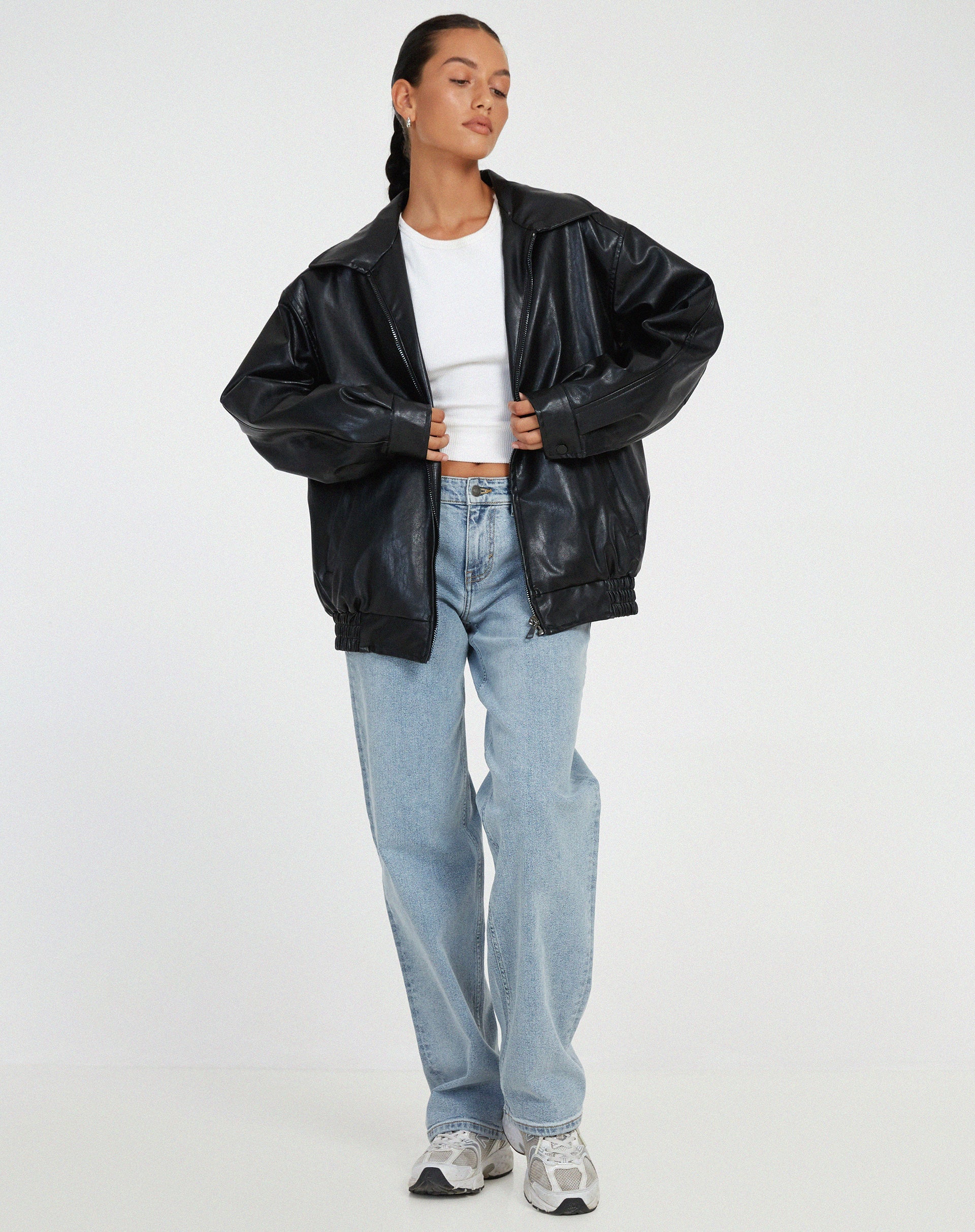 Blouson bomber de luxe pour femme en cuir avec coupe oversize