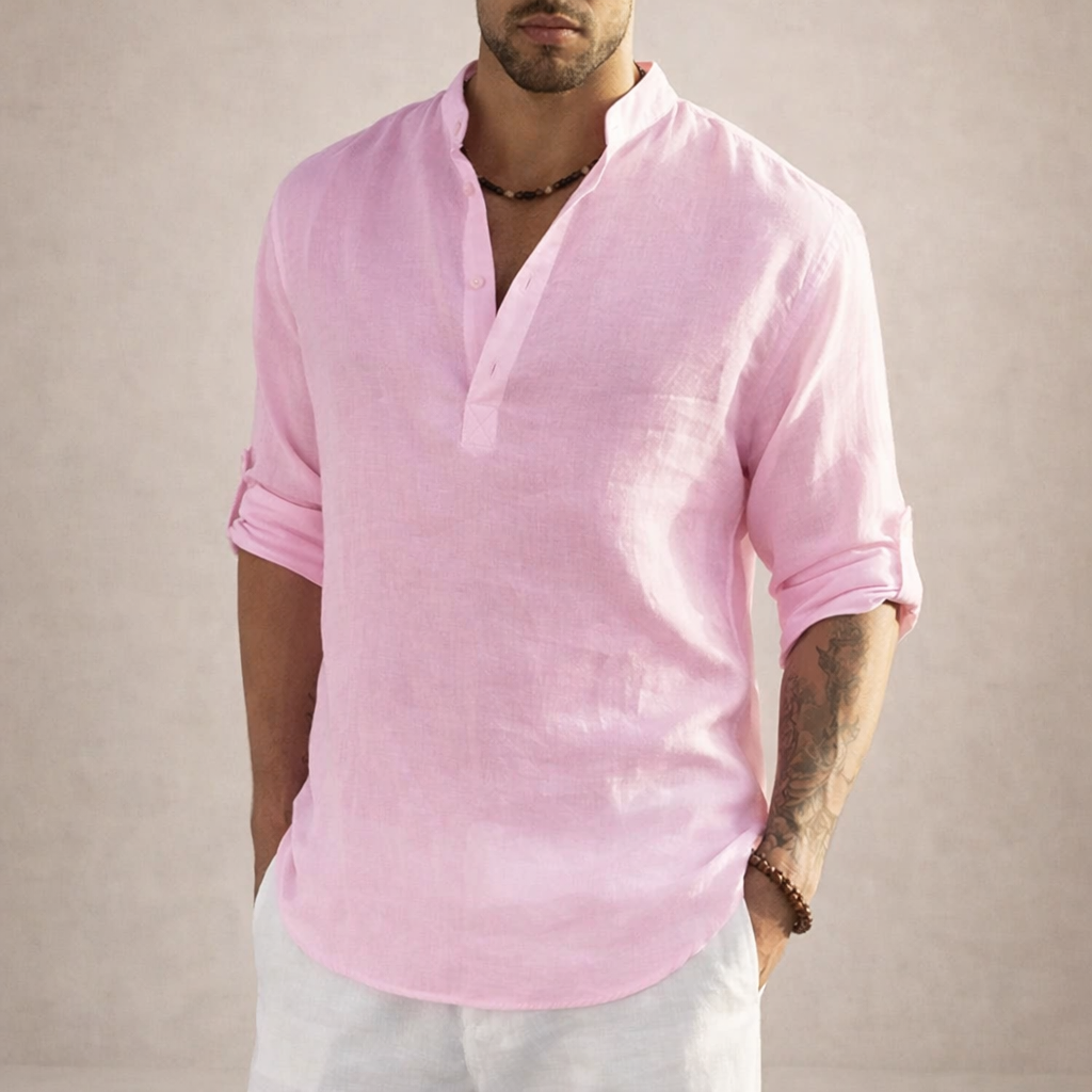 Chemise en lin homme coupe régulière respirante col montant manches longues
