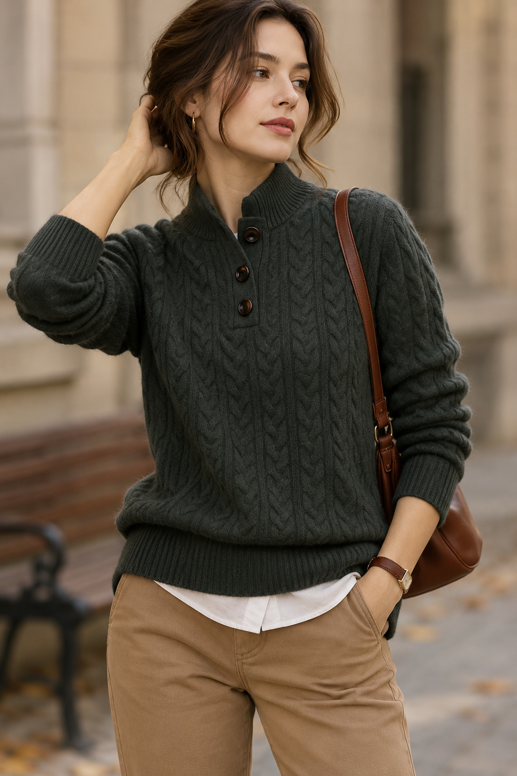 Kabelstrickpullover für Damen mit Knopfverschluss am Hals und normaler Passform